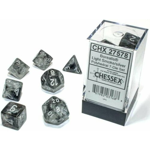 Набор кубиков для настольных ролевых игр (Dungeons and Dragons, DnD, D&D, Pathfinder) - Chessex 7-dice set Borealis Smoke/Silver Luminary