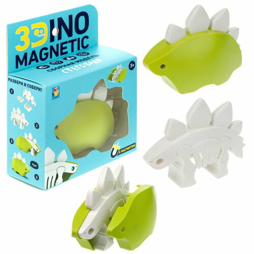 Игрушка динозавр 1TOY 3Dino Magnetic Стегозавр, сборный, с магнитом, для развития моторики и сил рук, цвет зеленый
