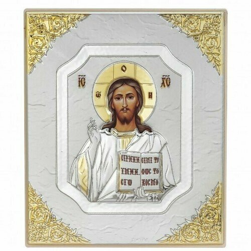 Икона Иисус Христос / Спаситель Господь / Икона на дереве с серебрением / 14x12 см / Греция Slevory / 628SW1FWC