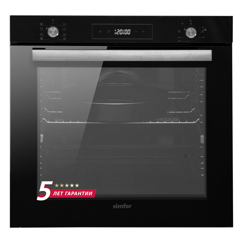 Электрический духовой шкаф Simfer B6ES69070 (9 режимов работы, турбо-конвекция, 80 л, гриль, таймер, черное стекло) - фото №1