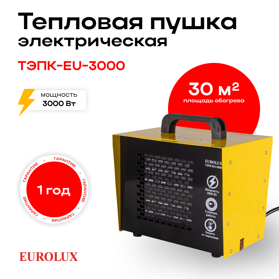 Тепловая электрическая пушка ТЭПК-EU-3000 (керам. нагревательный элемент, квадратная) Eurolux