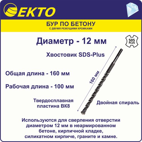 Бур по бетону для перфоратора SDS Plus 12 x 160 мм EKTO