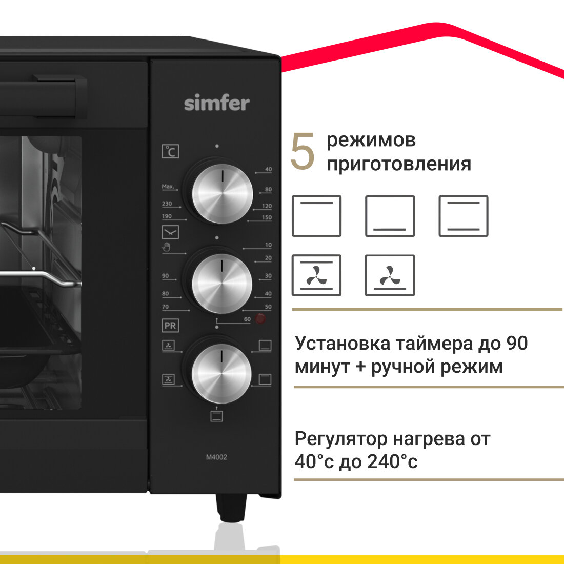 Электрическая мини-печь Simfer M4002, 5 режимов работы, конвекция - фото №3