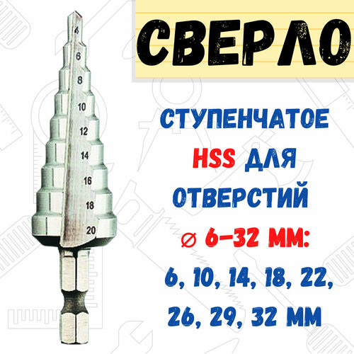 Сверло РемоКолор 35-5-032 ступенчатое 6,10,14,18,22,26,29,32 мм