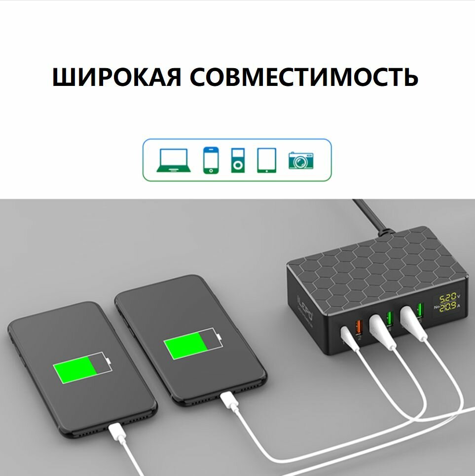 Сетевое зарядное устройство iLepo на 6 портов (Type-C PD 20 / QC 30) зарядная станция 65В