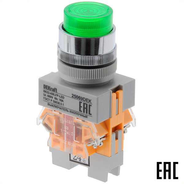 Выключатель кнопочный ВК22-ABLFP-GRN-LED-24 25069DEK зелёный 1з+1р без фикс, 24В, с подсветкой DEKraf