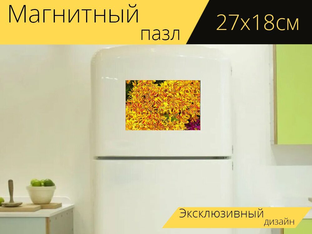 Магнитный пазл "Обои для рабочего стола, золотисто желтая, подсолнечник" на холодильник 27 x 18 см.