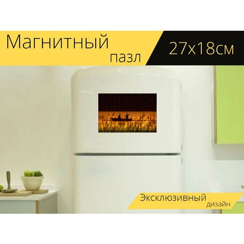 Магнитный пазл Рыболовная лодка, рыбак, природа на холодильник 27 x 18 см.