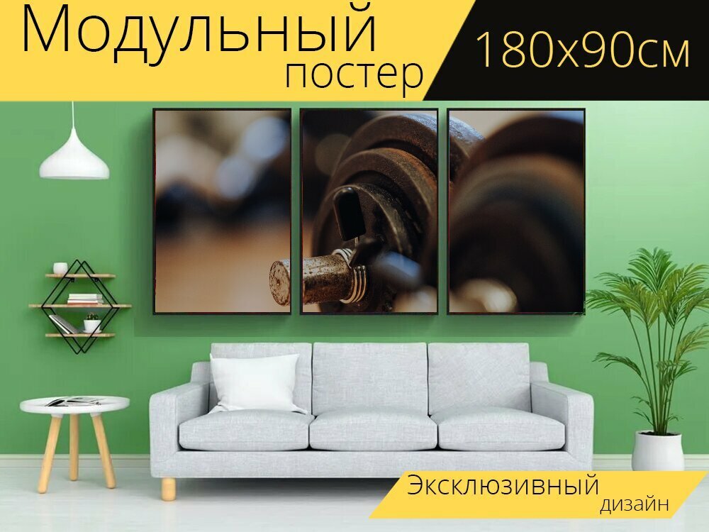 Модульный постер "Гантель, силовые тренировки, спортзал" 180 x 90 см. для интерьера