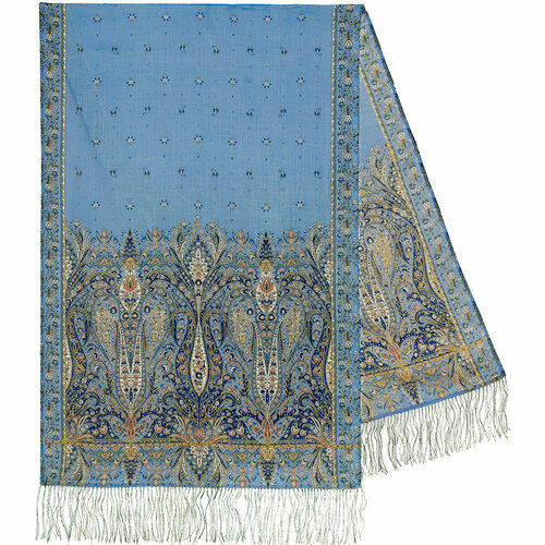 фото Палантин павловопосадская платочная мануфактура, шерсть, с бахромой, 200х70 см, синий, голубой