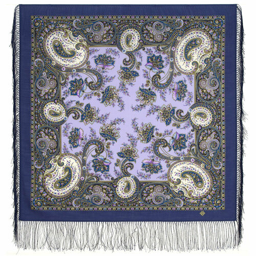 фото Платок павловопосадская платочная мануфактура, шерсть, с бахромой, 89х89 см, синий