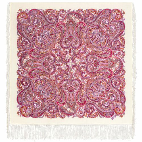 фото Платок павловопосадская платочная мануфактура, шерсть, с бахромой, 89х89 см, белый, розовый