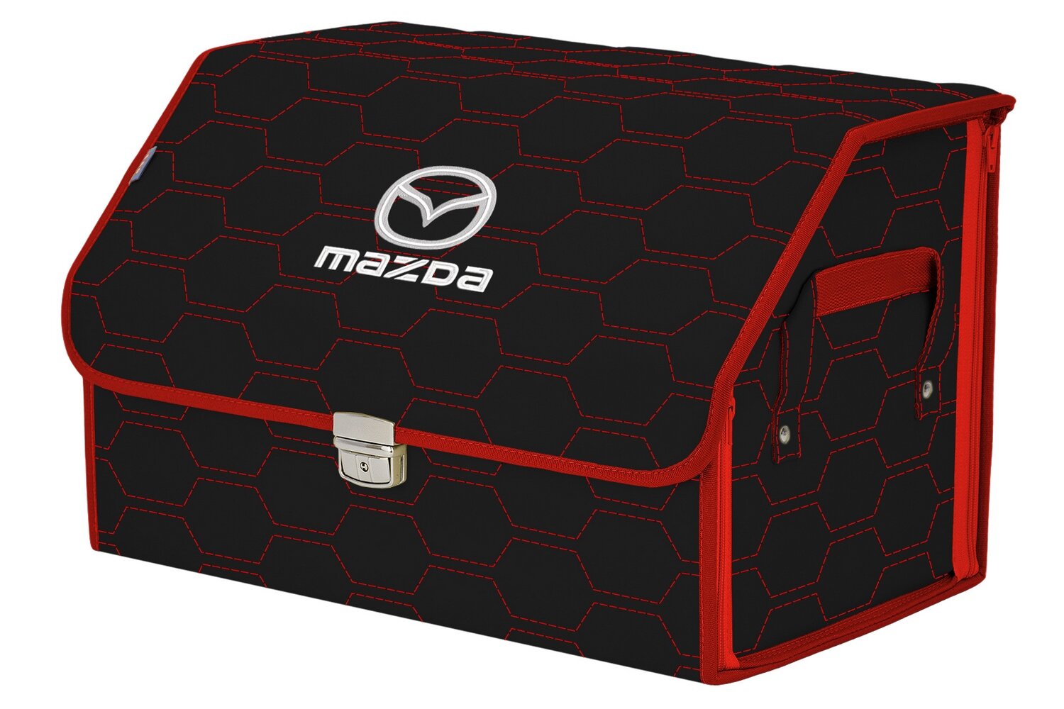 Органайзер-саквояж в багажник "Союз Премиум" (размер L). Цвет: черный с красной прострочкой Соты и вышивкой Mazda (Мазда).