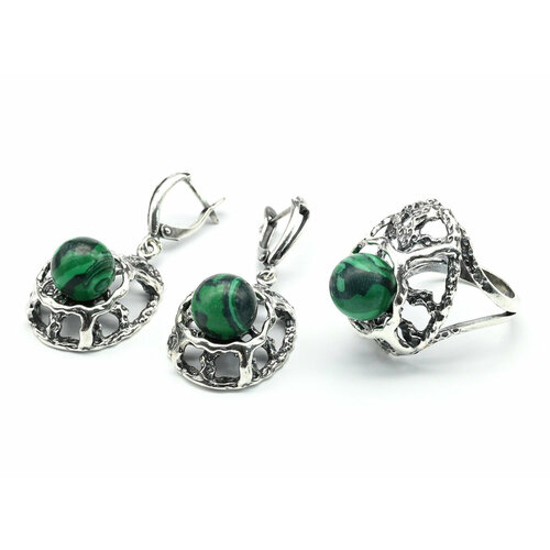 фото Комплект бижутерии: серьги, кольцо, малахит синтетический, размер кольца 19, зеленый кольцо серьги с малахитом имитация размер 19