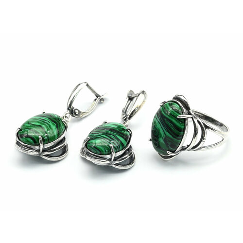 Комплект бижутерии: серьги, кольцо, малахит синтетический, размер кольца 19, зеленый
