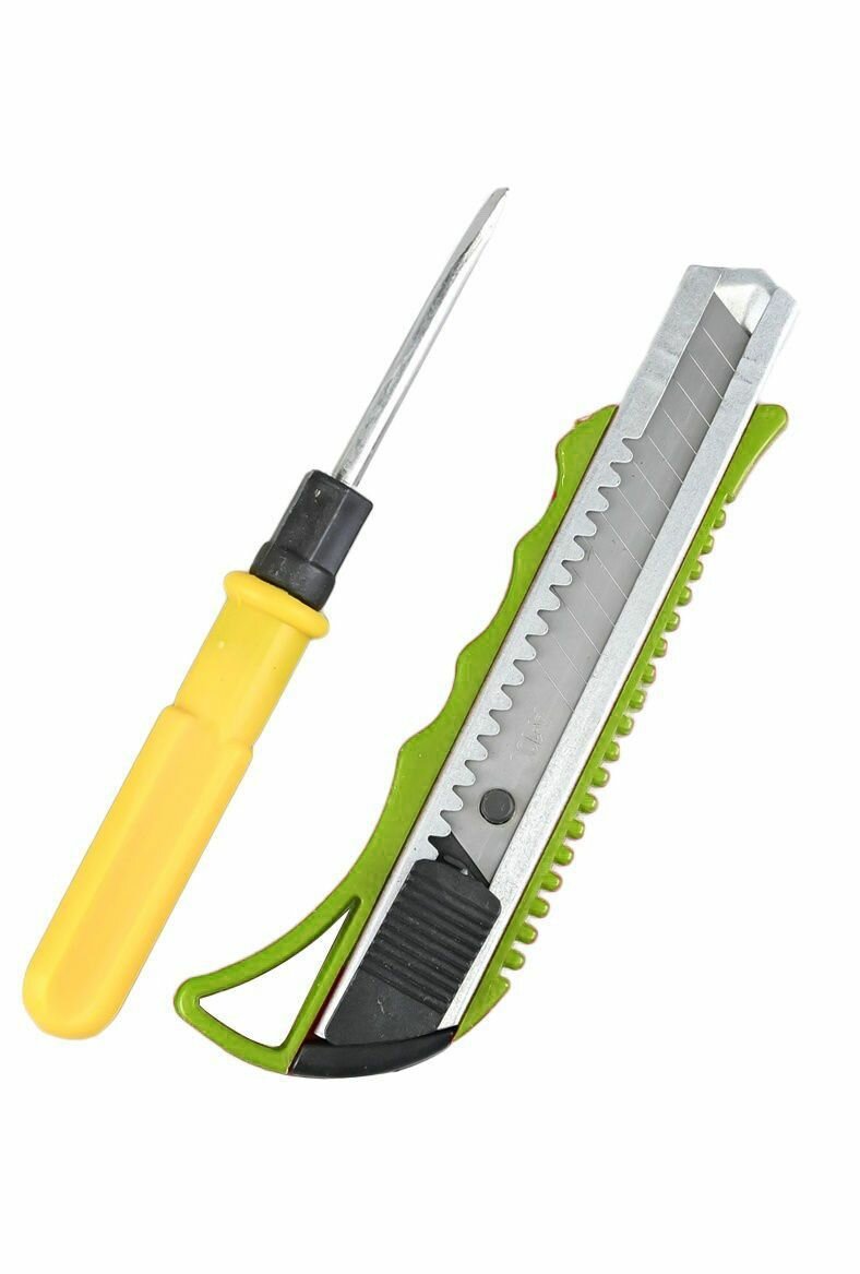Набор инструментов TH64-51 2 предмета / Отвертка плоская и канцелярский нож цвет желто-зеленый