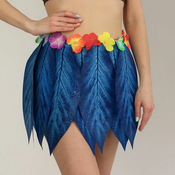 Гавайская юбка "Листики и цветочки" 36 см, цвет синий