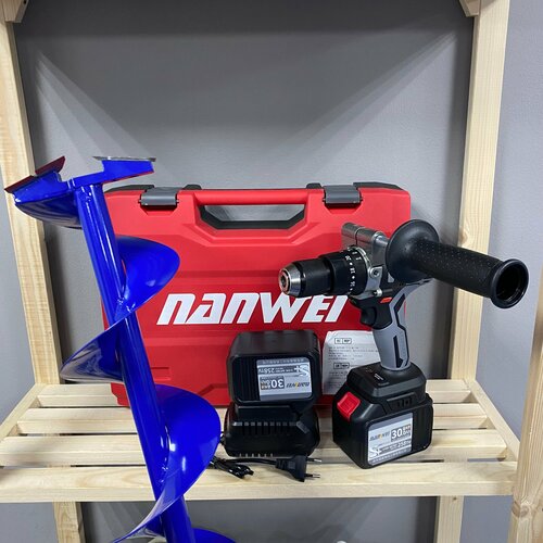 Шуруповерт для рыбалки NANWEI со шнеком 150мм и адаптером 2 АКБ 6Ач 200Нм Шуруповерт для ледобура Нанвей Ледобур Бесщеточный шуруповерт 19390₽