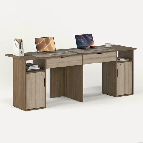 Изображение товара Письменный стол для двоих 208х60 МагМебель №81Я ясень тёмный + ясень светлый