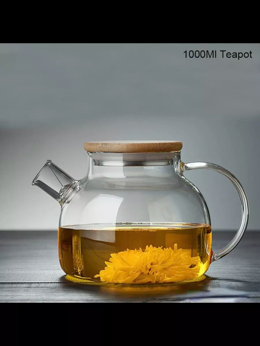Чайник заварочный стеклянный с бамбуковой крышкой 1000 мл