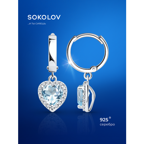 фото Серьги с подвесками sokolov, серебро, 925 проба, родирование, фианит, топаз, размер 24 мм, , серебро