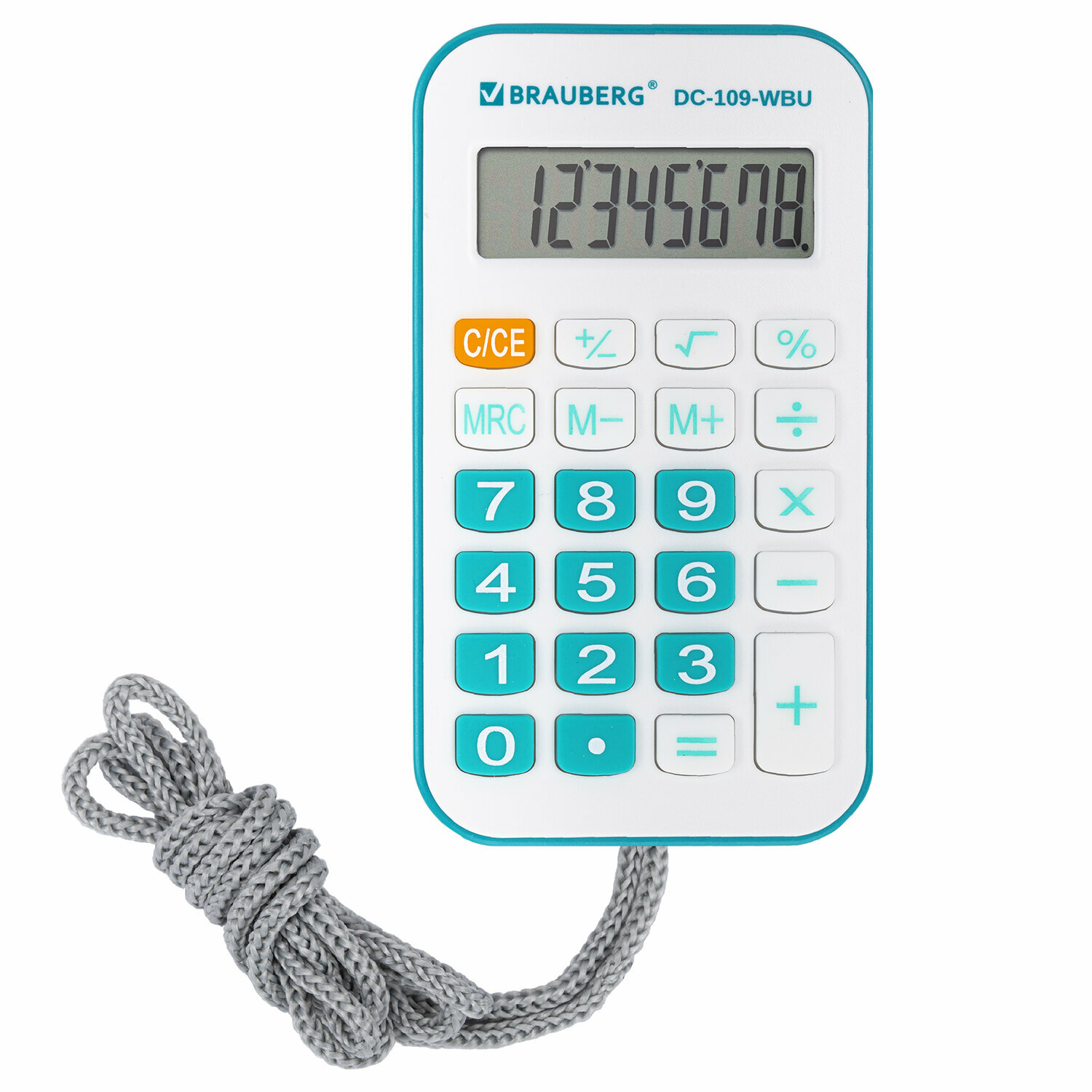 Калькулятор карманный со шнурком BRAUBERG DC-109-WBU (61x110 мм), 8 разрядов, белый/голубой, 272645