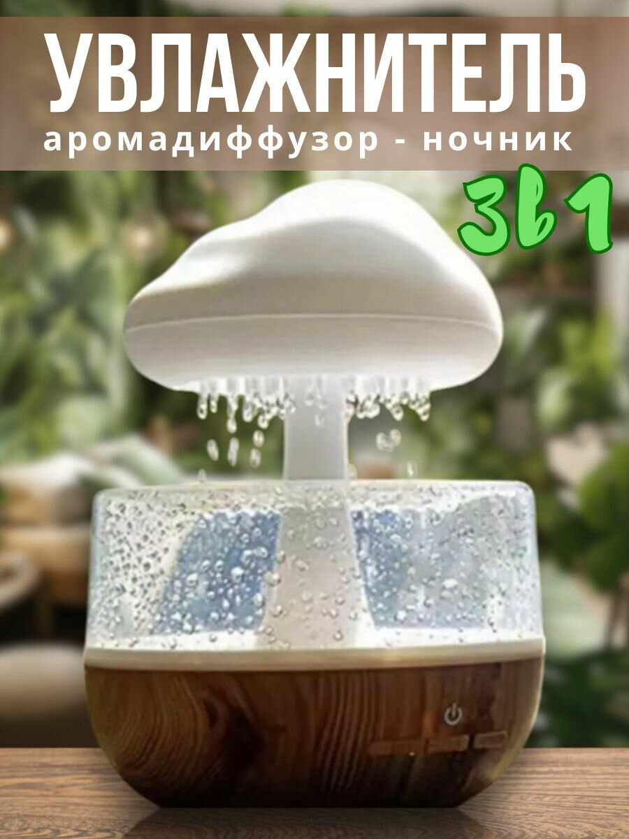 Увлажнитель воздуха Гриб с эффектом дождя / Аромадиффузор ночник Облачко с подсветкой 7 цветов