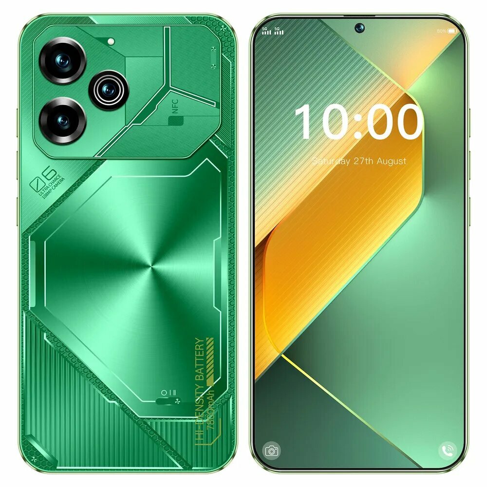 Android Смартфон Povo 6pro, 5G, 8000 мАч, поддержка русского языка, распознавание лиц, видео (Tiktok),16/1 ТБ, зеленый — фото 1