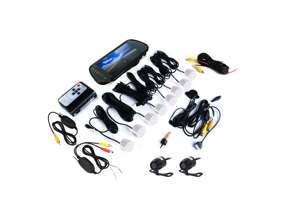 Мастер Парк (белый) 041-8(WZ) (K83795STA) (белые датчики парковки) - беспроводной парктроник для авто с двумя камерами, 8ю датчиками и монитором 7 д