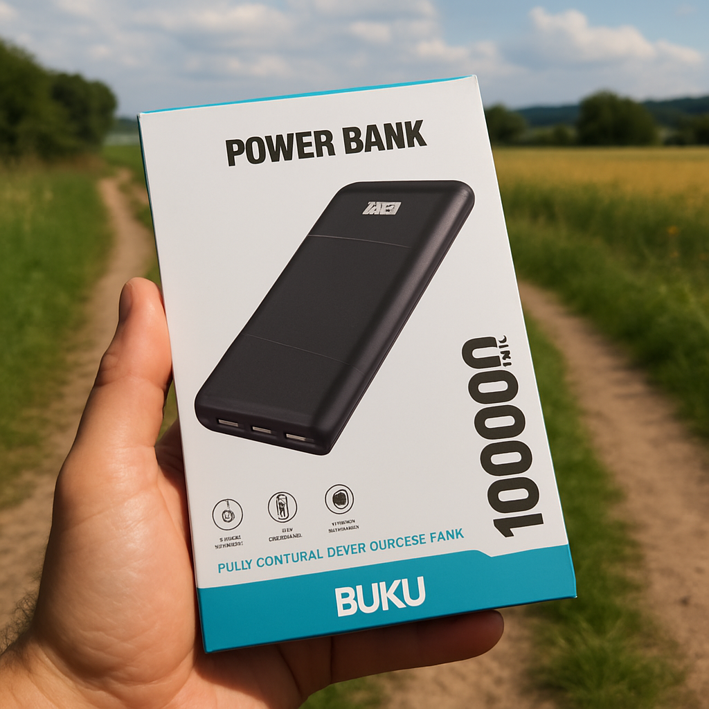 Внешний аккумулятор Power Bank от известного бренда BUKU, 10000Втч, с LED-индикатором, черного цвета