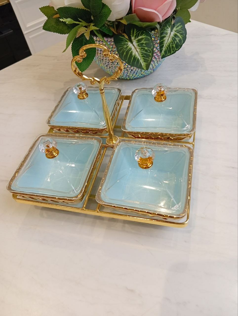 Менажница в виде цветка для орехов и сухофруктов, голубая, 4 шт