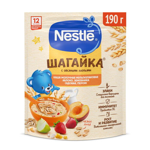 Каша Nestlé молочная Шагайка мультизлаковая с овсяными хлопьями яблоко, земляника садовая, персик, с 12 месяцев каша молочная nestle шагайка 5 злаков мультизлаковая с овсяными хлопьями земляника садовая яблоко малина с 12 мес 190 г