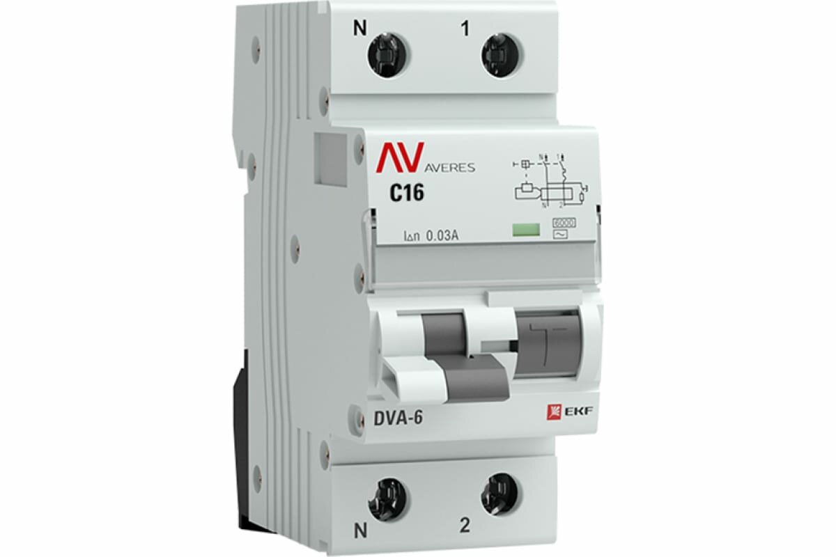 Выключатель автоматический дифференциального тока 2п (1P+N) C 16А 30мА тип AC 6кА DVA-6 Averes EKF rcbo6-1pn-16C-30-ac-av