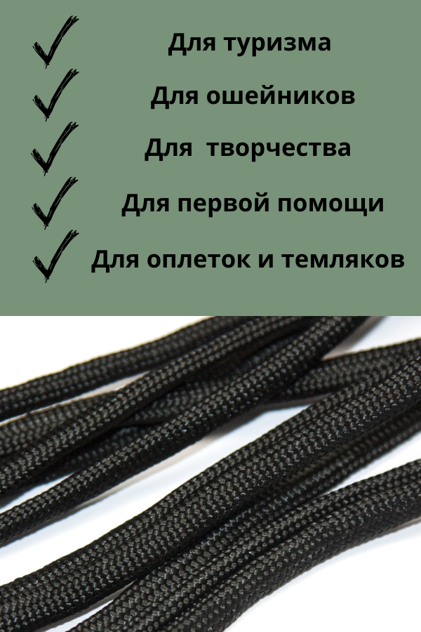 Паракорд, 4 мм, 7 жил 10 м/ Оттяжка, шнур, веревка, паракорд для палатки (черный)