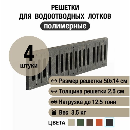 Решетки для водоотводных лотков 500х140х25 мм, 4 шт, полимерно-песчаные, черные