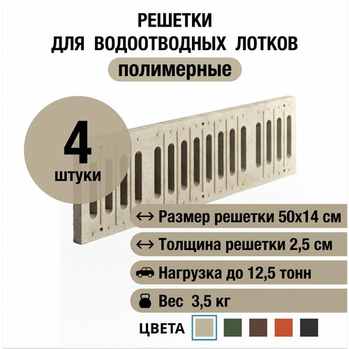 Решетки для водоотводных лотков 500х140х25 мм, 4 шт, полимерно-песчаные, серые