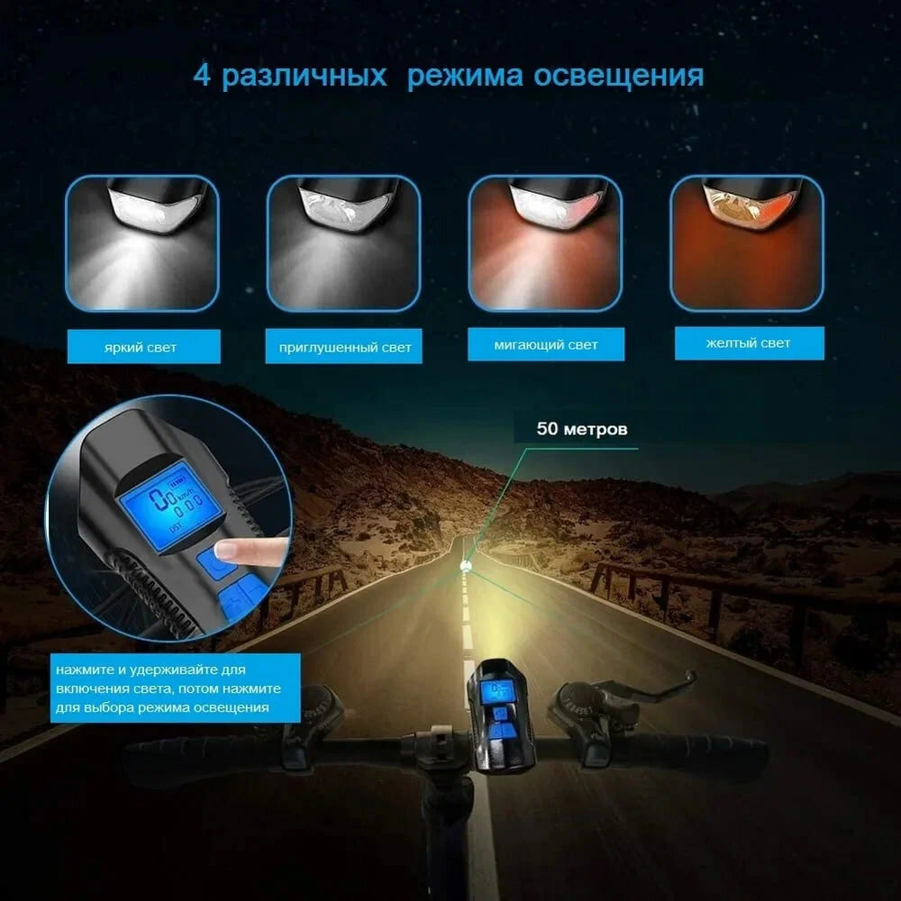Велосипедный светодиодный фонарь со спидометром и встроенным аккумулятором / Фара для велосипеда, самоката