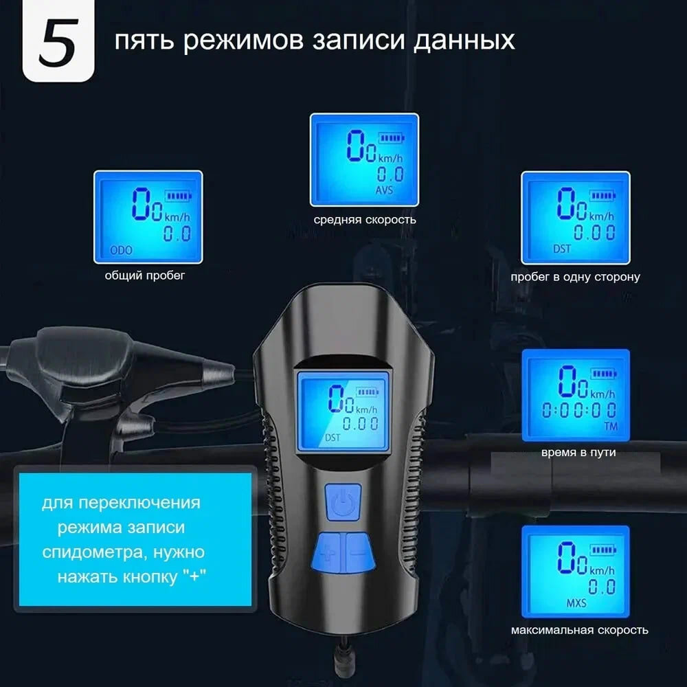 Велосипедный светодиодный фонарь со спидометром и встроенным аккумулятором / Фара для велосипеда, самоката