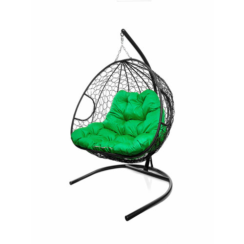 Подвесное кресло из ротанга "Для двоих" черное с зеленой подушкой M-GROUP