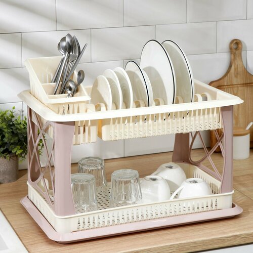 Сушилка для посуды 2-х ярусная с сушилкой для столовых приборов цвет шампань 1918₽