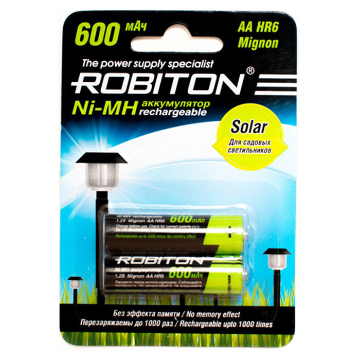 Ni-Mh аккумуляторы ROBITON SOLAR 600MHAA-2 BL-2 13905, 1.2В, 600мАч, размер АА (HR6), металлогидридные, для солнечных светильников, 2шт в упаковке