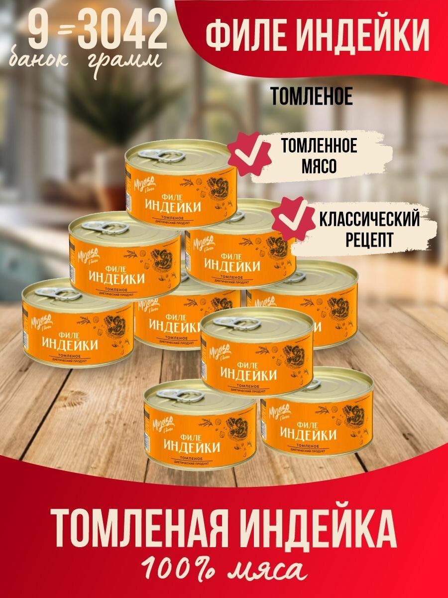 Тушенка, консервы мясные, Филе индейки томленое 325 гр. Мясо в банке-9 шт