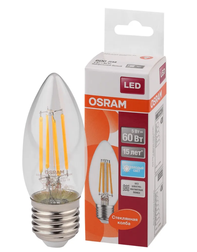 Лампочка филаментная светодиодная OSRAM LED Star, 600лм, 5Вт, 4000К (нейтральный белый свет), Цоколь E27, свеча