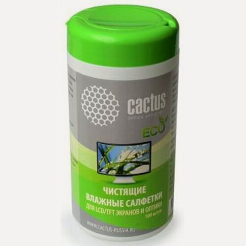 Изображение товара Влажные салфетки Cactus CS-T1001E для экранов и оптики, туба 100 шт
