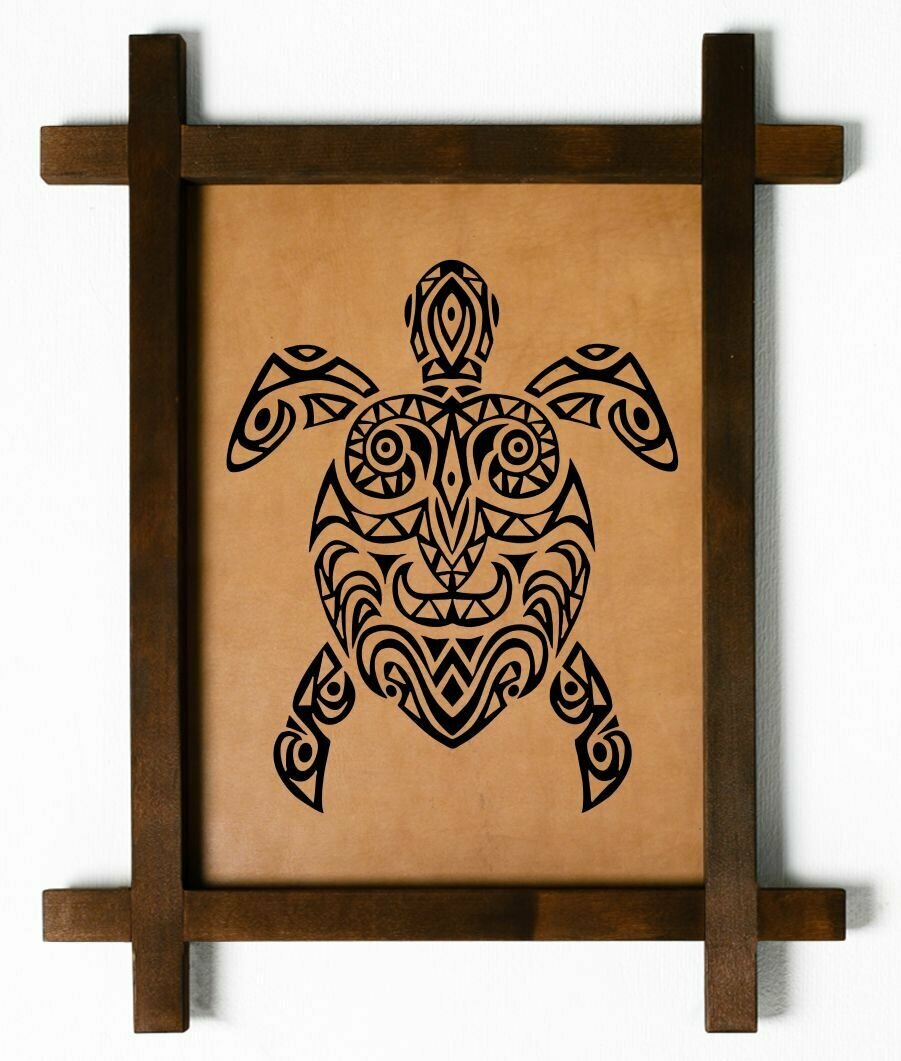 Картина "Абстракция черепаха", интерьерная для украшения и декора на стену в деревянной раме, подарок, натуральная кожа, BoomGift