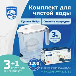 Комплект: кувшин Philips AWP2936WHT/51, 3 литра, цифровой таймер + сменные картриджи Philips AWP211/51, 3 шт