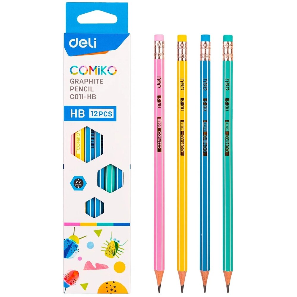 Набор карандашей чернографитных Deli HB, "Comiko", шестигранные, липа, ластик (EC011-HB)