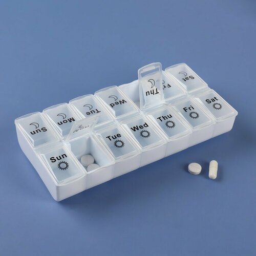 Таблетница-органайзер "Неделька", со съёмными ячейками, английские буквы, утро/вечер, 7 контейнеров по 2 ячейки, цвет белый
