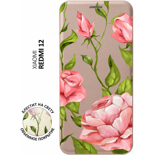 Чехол-книжка на Xiaomi Redmi 12, Сяоми Редми 12 с 3D принтом Amazing Roses золотой чехол книжка на xiaomi redmi 12 сяоми редми 12 с 3d принтом amazing peonies золотой