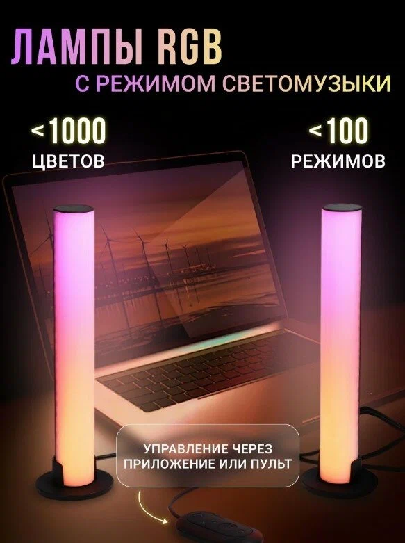 LED светодиодная лампа/RGB светильник настольный/настенный/домашний/ночник/торшер/игровая подсветка/для стримов/2 м/управление со смартфона